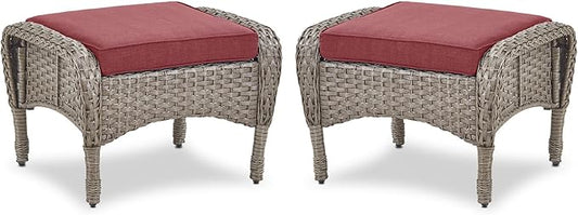 Belord Outdoor Ottomans for Patio Foot Rest - 25 Inch PE Wicker Foot Stool Set of 2 with Removable Cushions for Patio Furniture Sets,All Weather Rattan Ottoman for Balcony Deck Backyard Brown