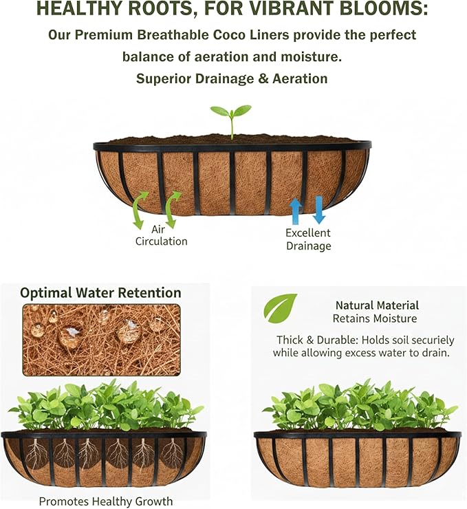 36“ Window Box Railing Planter with Coco Liner Metal Wall-Mounted Coconut Liner Planters Basket English Horse Trough Planter for Outdoor Deck Balcony Porch Fence Patio Black (4 Pack)