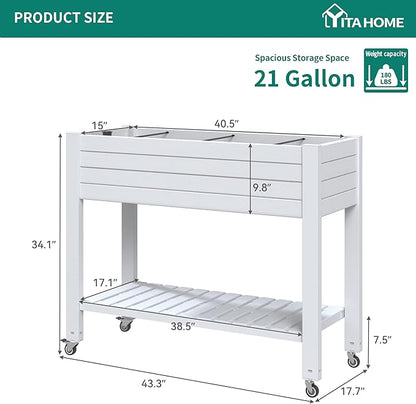 YITAHOME 43.3x17.7x34 in Elevated Garden Bed 2pcs, Outdoor Plastic Planter Box with Wheels, Legs, Drain Plug, and Storage Shelf for Plants, Vegetables, Flowers, Herbs, Grayish-White