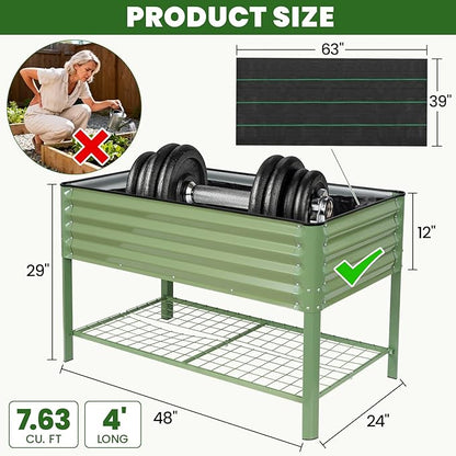 Elevated Raised Garden Bed 2' x 4'- Galvanized Metal Planter Boxes with Legs & Storage Rack, Outdoor Planters for Backyard/Patio/Balcony, with Drainage Holes for Vegetables, Flowers, Herbs, Green