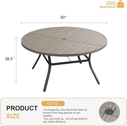 VICLLAX Round Patio Table with Adjustable Umbrella Hole for 6, All Weather Metal Outdoor Dining Table for Lawn Garden, 50" Outdoor Coffee Table, Grey Wood-Like Tabletop