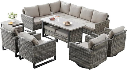 Belord Outdoor Sectional Furniture with Swivel Rocker Chair, 10 Pieces Wicker Patio Furniture Sets with Ottoman L Shaped Sofa Coffee Table Grey Cushion