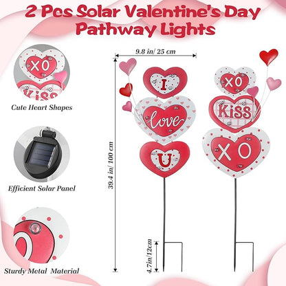 Lewondr 2 Pcs Valentine's Day Decorations Outdoor, Metal Solar Pathway Lights, Love Heart Decorative Garden Stakes Lights with 18 LED Beads, Waterproof Yard Signs for Porch Lawn Wedding Anniversary