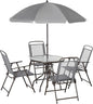 Outsunny 6 Piece Patio Dining Set for 4 with Umbrella, Outdoor Table and Chairs with 4 Folding Dining Chairs & Round Glass Table for Garden, Backyard and Poolside, Gray