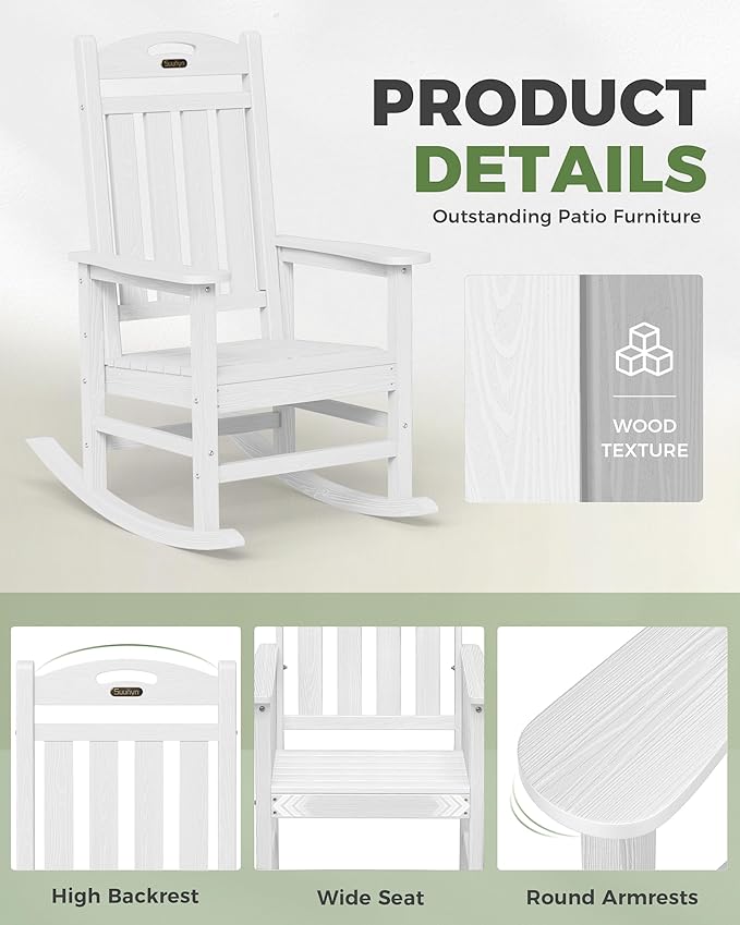 Rocking Chair, Oversized White Outdoor Rocker with Wood-Grain Finish