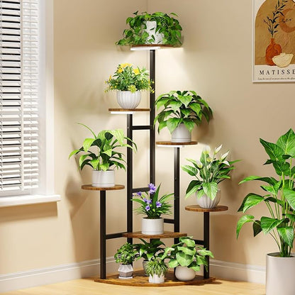 Corner Plant Stand with Grow Lights, 7 Tiered Plant Shelf Indoor, 43" Corner Plant Stands for Indoor Plants, Metal Plant Flower Display Shelves, Plant Organizer Rack for Living Room, Balcony, Home Decor（Round)