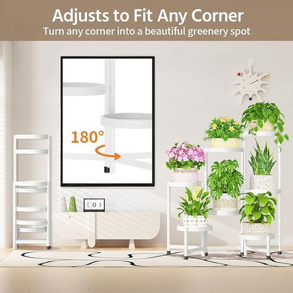 LASZOLA 7 Tiered Folding Plant Stand Indoor for Multiple Large Planter, Tall Heavy Duty Adjustable Rack with Rust Proof Plastic Shelving, Sturdy Vertical Tree Organizer for Narrow Inside Floor, White
