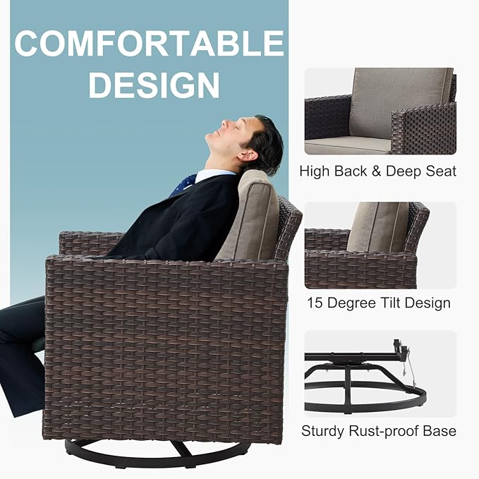 Belord Outdoor Sectional Sofa with 41" Propane Fire Pit Table - 9 Piece Patio Conversation Set with Storage Box and Swivel Rocker Chairs All-Weather PE Wicker Furniture Set Brown