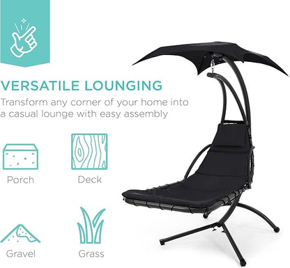Best Choice Products Outdoor Hanging Curved Steel Chaise Lounge Chair Swing w/Built-in Pillow and Removable Canopy - Black
