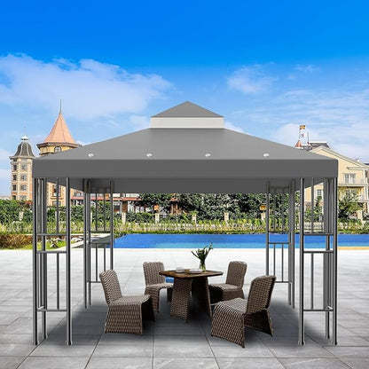 Sumfaller 10x10 FT Gazebo Replacement Canopy Top Cover Double Tiered Canopy Top Cover for Outdoor BBQ Roof Cover Grill Shelter (Grey)