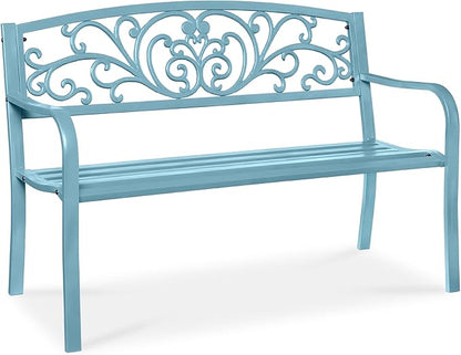 Best Choice Products Outdoor Bench Steel Garden Patio Porch Furniture for Lawn, Park, Deck w/Floral Design Backrest, Slatted Seat - Sky Blue