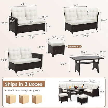 KROFEM6-Piece Patio Furniture Set, Outdoor Sectional Sofa with Dining Table & Chairs, All-Weather Dining Set with Removable Cushion Covers, Ideal for Garden, Porch, Backyard, White