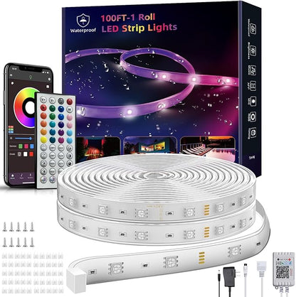 Outdoor Led Strip Lights Waterproof 98ft (1 Roll), Ip65 Outside Led Light Strip Waterproof with Remote and App Control, Exterior Led Rope Lights Music Syne RGB Strip Lights for Bedroom Decor