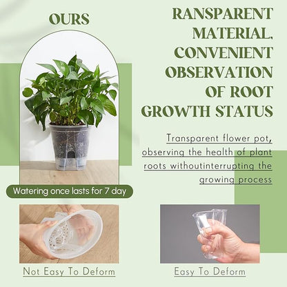 Self Watering Pots for Indoor Plants with Deep Reservoir and High Drainage Holes for Outdoor Plants and Flowers, Bare Root Planter(5.91'',Clear,9 Pcs)
