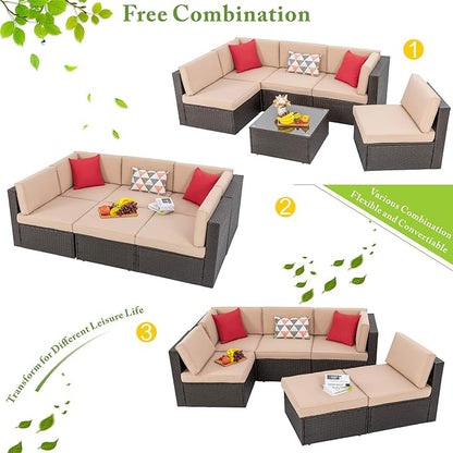 Vongrasig 6 Piece Patio Furniture Set, Small Outdoor Sectional Sofa Couch, All Weather PE Wicker L-Shaped Corner Patio Sofa Garden Backyard Patio Conversation Set w/Glass Table, Beige