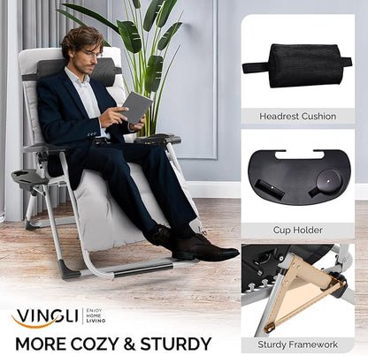 VINGLI 29" Padded Zero Gravity Chair, Lounge Chair with Removable Cushion & Tray， Folding Reclining Patio Chairs， Recliner Chair for Lawn，Indoor Outdoor-Grey