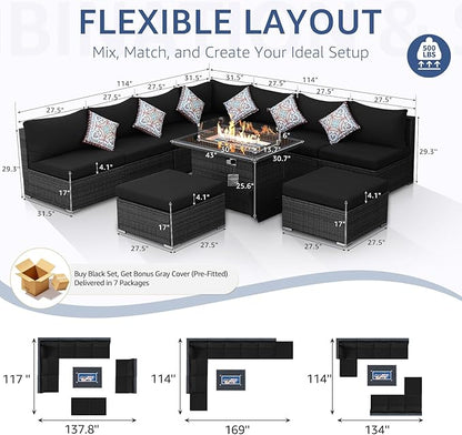 NICESOUL 10 Pcs Outdoor Sectional Set with Natural Gas/Propane Firepit Table, 29.3'' High-Back Patio Furniture Sofa Set, Oversized Rattan Couches for Backyard Garden Lawn, 2 Color Cushion Black & Gray