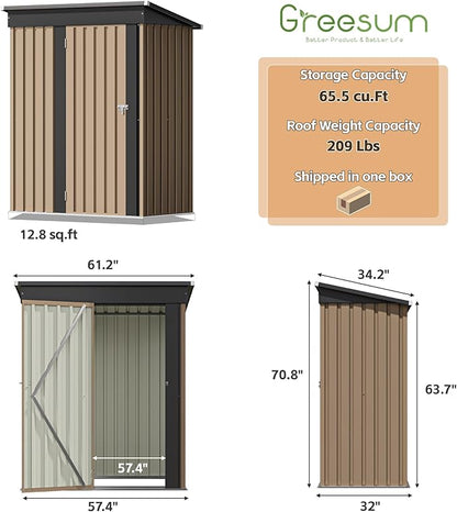 Greesum 5×3FT Outdoor Storage Shed, Metal Patio Storaged Sheds with Lockable Doors, Sheds & Outdoor Storage for Bike, Backyard, Pool and Garden, Brown