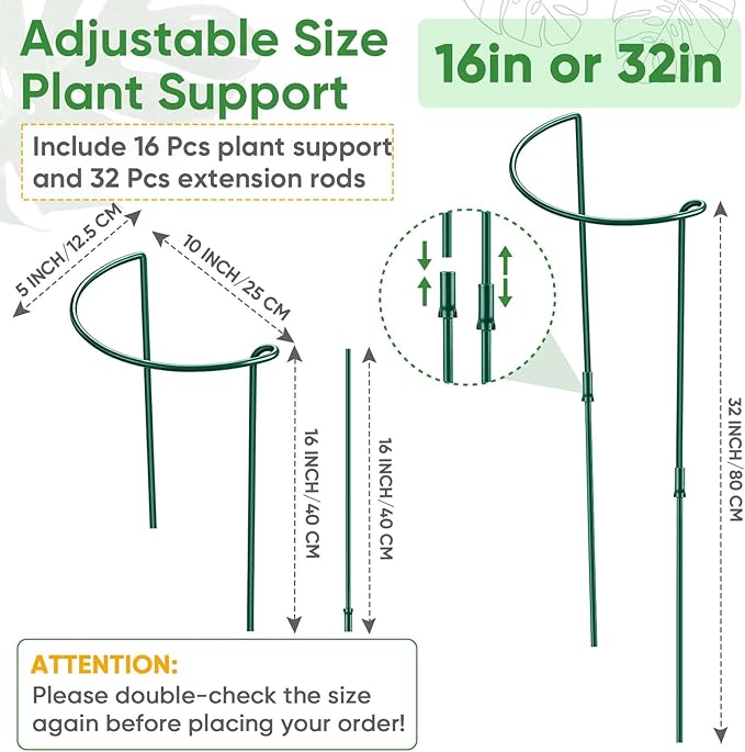 16 Pack 32 or 16 inch Adjustable Plant Support Stakes, Heavy-Duty Half Round Peony Support, Garden Plant Stakes Cage for Outdoor Plants, Peony, Tomato, Hydrangea, (16In Support +16In Extension Tubes)