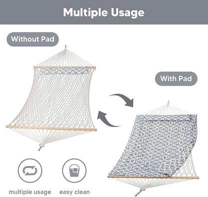 SUNCREAT Hammocks Heavy Duty Hammock with Hardwood Spreader Bar, Double Rope Hammock with Polyester Pad, Grey