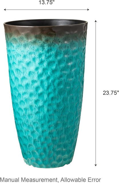 Glitzhome 23.75" H Large Planters for Outdoor Plants,Set of 2 Plastic Tall Outdoor Planters with Drainage Holes,Honeycomb Textured Gradient Turquoise Finish, Large Flower Pots for Front Porch Indoor