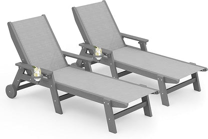 SERWALL Textilene Patio Chaise Lounge Chair Set of 2, 5 Positions Outdoor Lounger with Rolling Wheels for Pool, Deck, Grey