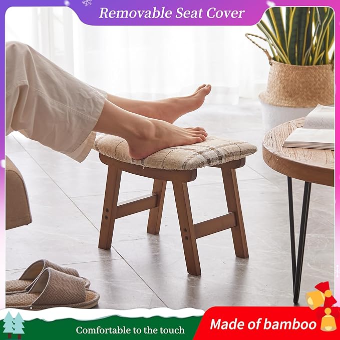 Foot Stool,Ottoman,Bamboo Small Sofa Foot Rest Under Desk,Extra Seating for Living Room, Bedroom and Kitchen (Brown Stool Legs - Stripes Surface)