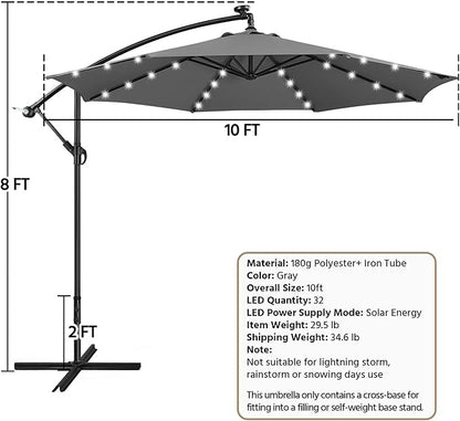 Yaheetech 10FT Solar Offset Umbrella with 32 LED Lights Cantilever Hanging Outdoor Umbrellas Handy Crank & Cross Base for Lawn/Deck/Backyard/Pool Gray