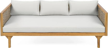 Merax 67.5" Outdoor Patio Daybed 3 Seater Sofa Bed,Acacia Wood Frame with Rattan Arm,Cushion & Pillow for Pool