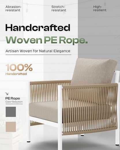 Aluminum Outdoor Patio Furniture Set with Dual-Layer Coffee Table, 4 Piece Modern Patio Conversation Sets with PE Rope, Outdoor Sectional Sofa with Thick Cushions for Balcony, Deck, Ivory