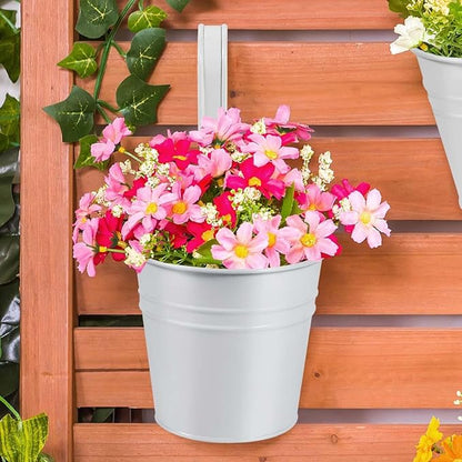 OBTANIM 12 Pack Metal Hanging Flower Pots Railing Planter Outdoor Fence Hanging Bucket Plant Holder with Detachable Hooks Drain Holes for Home Garden Yard Decor (White, 4 x 4 Inch)