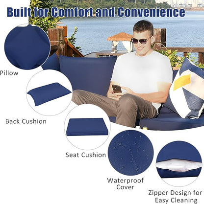 Tangkula 7 Pieces Wicker Patio Furniture Set, All-Weather Outdoor Rattan Sectional Sofa Set with Cushions & Tempered Glass Coffee Table, Outside Sofa Set for Garden, Lawn, Deck, Backyard (Navy)