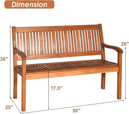 COSTWAY Wooden Bench Outdoor, Curved Armrest & Backrest, Sturdy Outdoor Wood Bench for Garden, Park & Porch, 25" D x 50" W x 36" H, Teak Colored