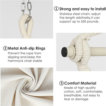 Y- STOP Hammock Chair Hanging Rope Swing, Max 500 Lbs, 2 Cushions Included, Large Macrame Hanging Chair with Pocket for Superior Comfort, with Hardware Kit (Beige)