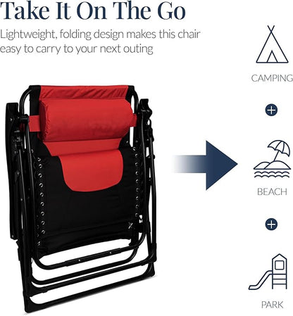 Best Choice Products Oversized Padded Zero Gravity Chair, Folding Outdoor Patio Recliner, XL Anti Gravity Lounger for Backyard w/Headrest, Cup Holder, Side Tray, Polyester Mesh - Red