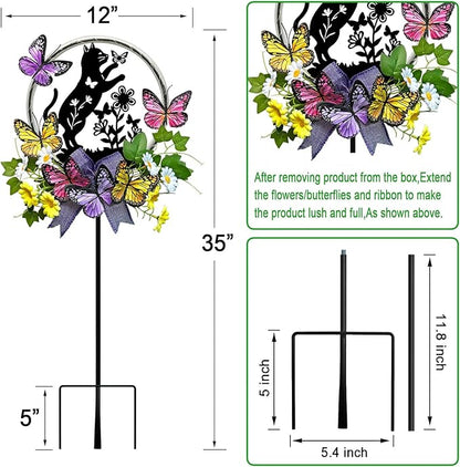 Cat Solar Lights Outdoor Garden,Silhouette Cat with Butterflies Waterproof Garden Stake for Yard, Lawn,Best Gifts for Women