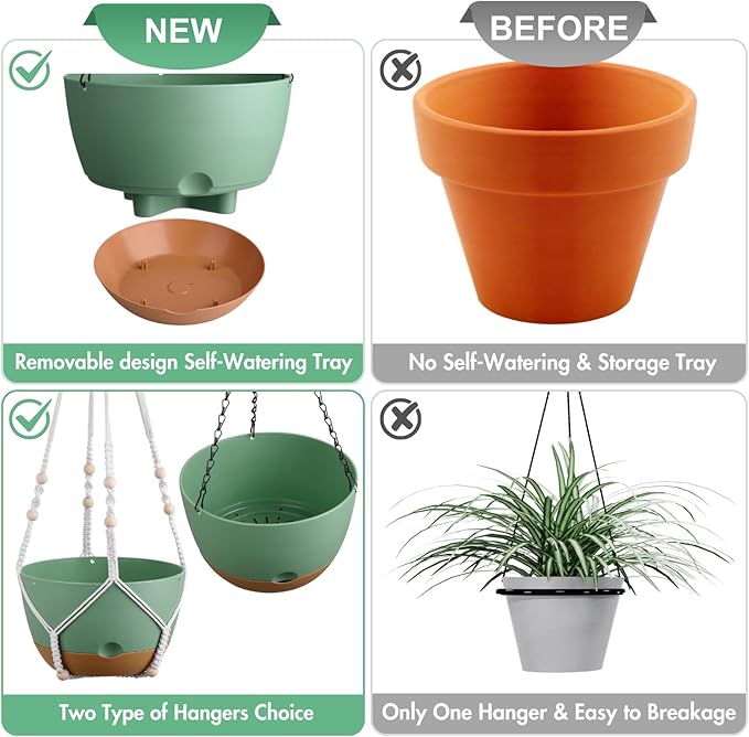 Set of 2-10 Inch Hanging Planters for Indoor Plants with Self-Watering Includes Hanging Pots for Plants, Outdoor Hanging Plant Pot with Drainage, and 2 Types of Baskets Hangers (Green, 10inch)