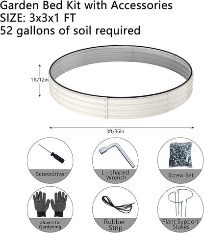 Galvanized Metal Planter Round Raised Garden Bed Kit for Gardening Outdoor，3x3x1ft Grow Garden Box Raised Flower Bed，Round Galvanized Planter Outdoor Large Metal Fire Pit Ring White