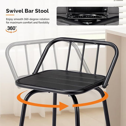 VINGLI 2 PCS Outdoor Swivel Bar Stools, 30 Inch Metal Barstools with Backrest & Footrest, 360° Rotating All-Weather Stools for Garden, Balcony, Kitchen Island (Black)