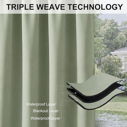 RYB HOME Outdoor Curtains for Patio Waterproof Block Sunlight Thermal Insulated Privacy Assured Thick Outside Curtains for Deck, Balcony, Pool, W52 x L63, Sage Green, 1 Panel