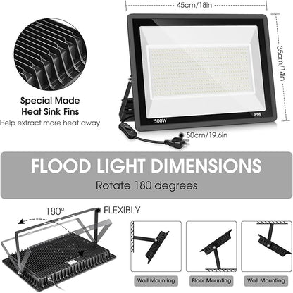 2 Pack 500W LED Flood Light Outdoor,2750W Equivalent Super Bright FloodLight with Plug,58600LM 5000K Daylight White IP66 Waterproof Commercial Lighting for Sports Fields,Counts,Arena,Stadium