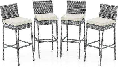 HAPPYGRILL Patio Wicker Barstools Set of 4, Outdoor Bar Height Chair w/Soft Seat Cushion & Cozy Footrest, Heavy-Duty Metal Frame, 400 lbs Max Load, Rattan Armless Bar Chairs