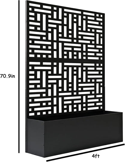 Oakland Living 6 ft. X 4 ft. Black Freestanding Metal Privacy Screen Room Divider with Flower Box