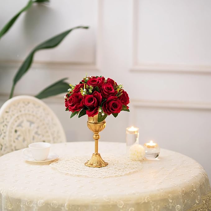 Artificial Flower Ball Centerpieces, Crimson Faux Silk Roses, 9.5 Inch