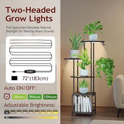 Plant Stand Indoor with Grow Light, 5-Tiered Tall Plant Stand Indoor, Metal Plant Shelf with Hanging Basket Hook and Adjustable Light, Ideal for Living Room, Garden, Patio (Black )