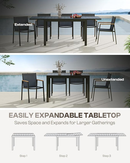 Expandable Outdoor Patio Dining Table Set for 6-8 Person, Aluminum Outdoor Table and 8 Chairs with Textilene Fabric & HDPS Armrest, All-Weather Patio Furniture Set for Yard, Deck, Gray