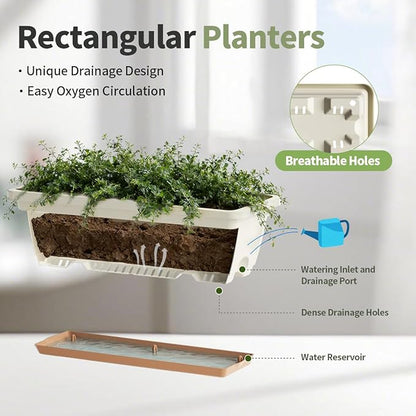 Window Box Planter, 6 Pack Plastic Vegetable Flower Window Planters Boxes 16 Inches Rectangular Flower Pots with Drainage Holes and Saucers (Mixcolor)