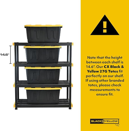 CX Black & Yellow, 4-Tier Heavy Duty Plastic Storage Shelves that Support up to 200lbs/shelf, Organization and Storage, Weather-Resistant Design, Easy Assembly (55"H x 48"W x 20"D)