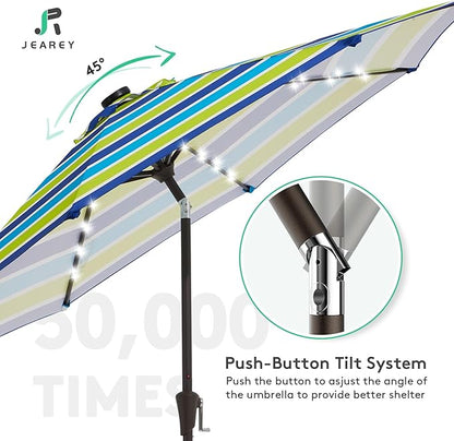 JEAREY 9FT Outdoor Patio Umbrella with Solar Lights, LED Lighted Pool Umbrella with Tilt and Crank, Outdoor Table Umbrellas for Deck, Yard & Market (Blue Green Striped)