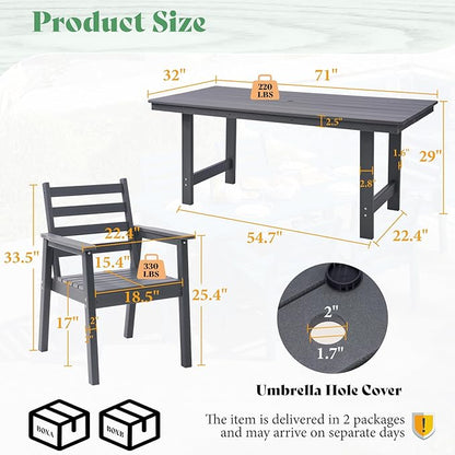 AMERLIFE 7-Piece HDPE Outdoor Dining Set with Umbrella Hole, 71" L Patio Table and Chairs Set for 6, Modern Garden Dining Set for Backyard, Poolside, Seaside, Porch, Gray